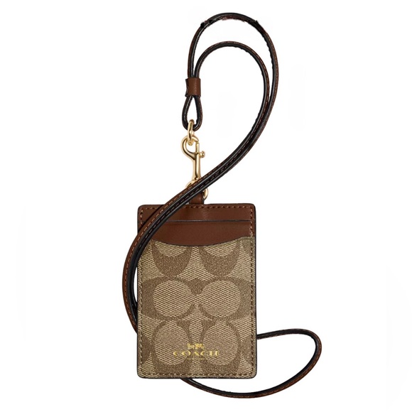 NWT Coach Id Lanyard In Signature Canvas Khaki/Saddle 2 - Picture 1 of 5